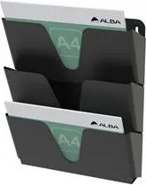 Prospektustartó, fém, fali, fekvő, A4, 3 rekesz, ALBA, fekete (BAP33)