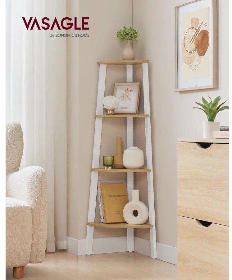 VASAGLE sarokkönyvespolc, 4 szintes létrás polc 33,3×33,3×125 cm, natúr - fehér színben