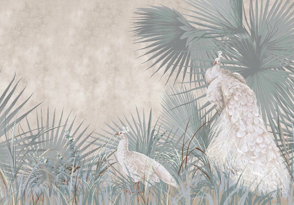 Fotótapéta csiszolt beton Páva ágak levelek virágok élénk színek+ragasztó