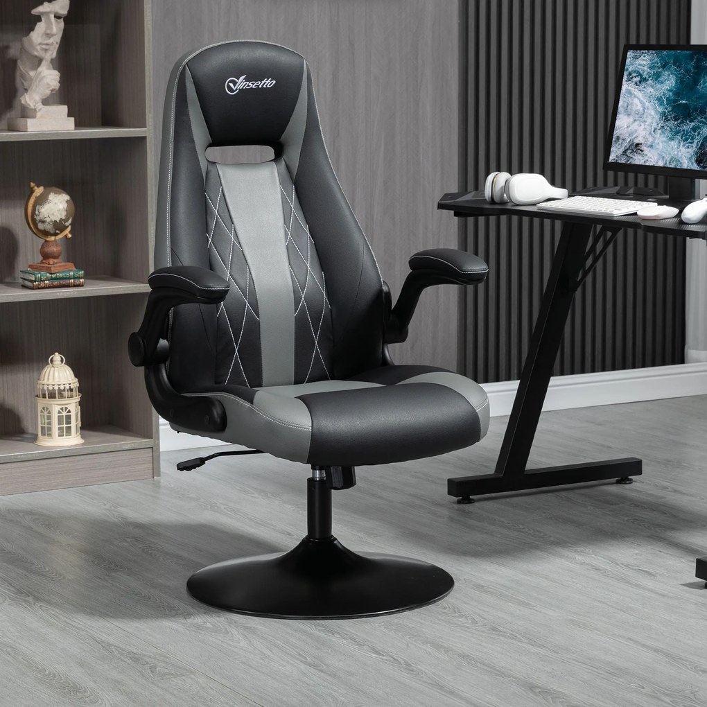 Vinsetto Ergonomikus Játékos Szék Forgatható Fém Kerek Alappal 360° Kb. Magasságban Állítható Fejtámasz, Összecsukható Karfa PVC Szürke Fekete | Aosom