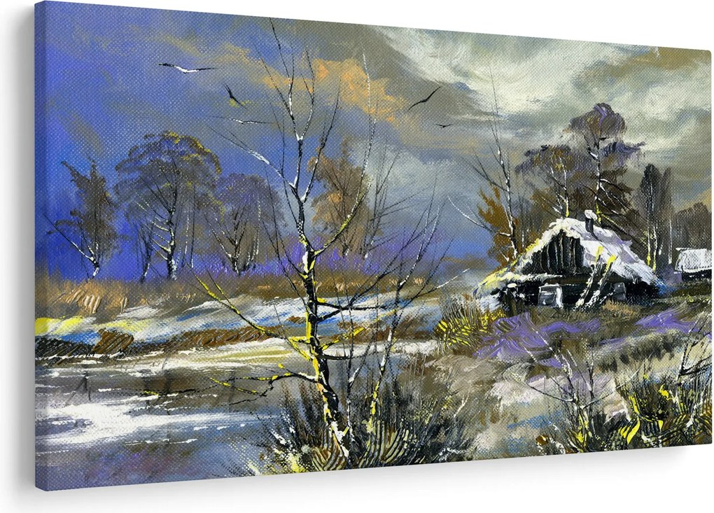 Téli tájon lévő házikó képe, olajfestmény (90x60 cm)