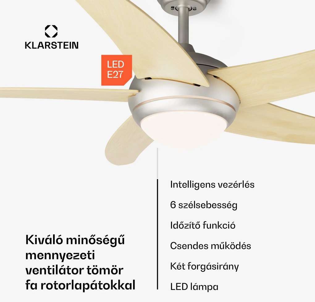 Klarstein Bolero 2 az 1-ben Smart, mennyezeti ventilátor, Ø 132 cm, fény 55 W, távirányító, vezérlés applikáción keresztül, 2 menetirány