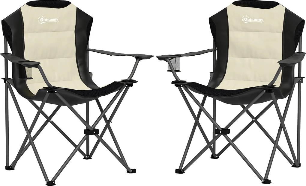 Outsunny 2 db-os Magas Háttámlás Összecsukható Piknik Szék Karfával, Kupa Tartóval és Hordtáskával, Campinghez, Kerthez, Teraszhoz Krém és Fekete | Ao
