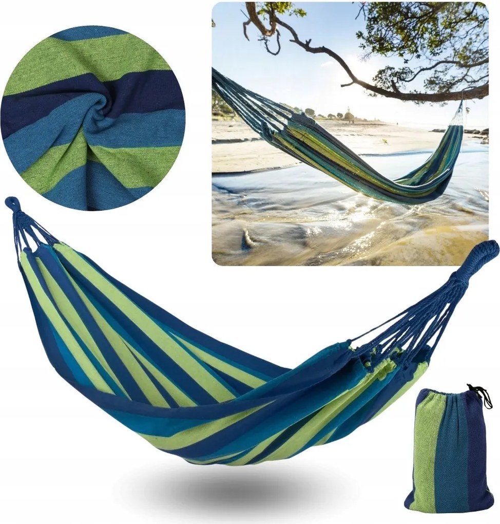 Csíkos kerti függőágy, kék függőágy huzatban 200x100 cm