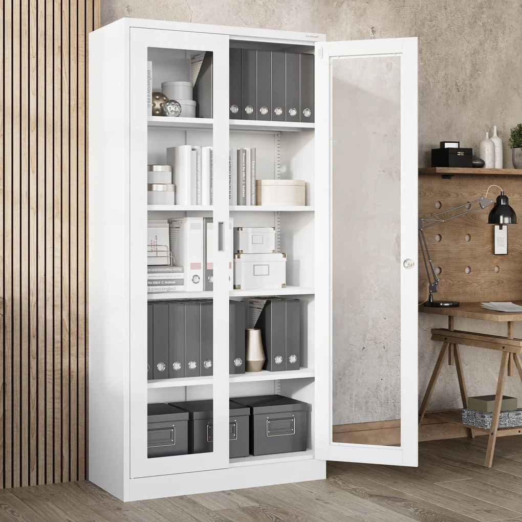 Vitrines fém szekrény üvegezett ajtókkal AMELIA, 900 x 1850 x 400 mm, fehér