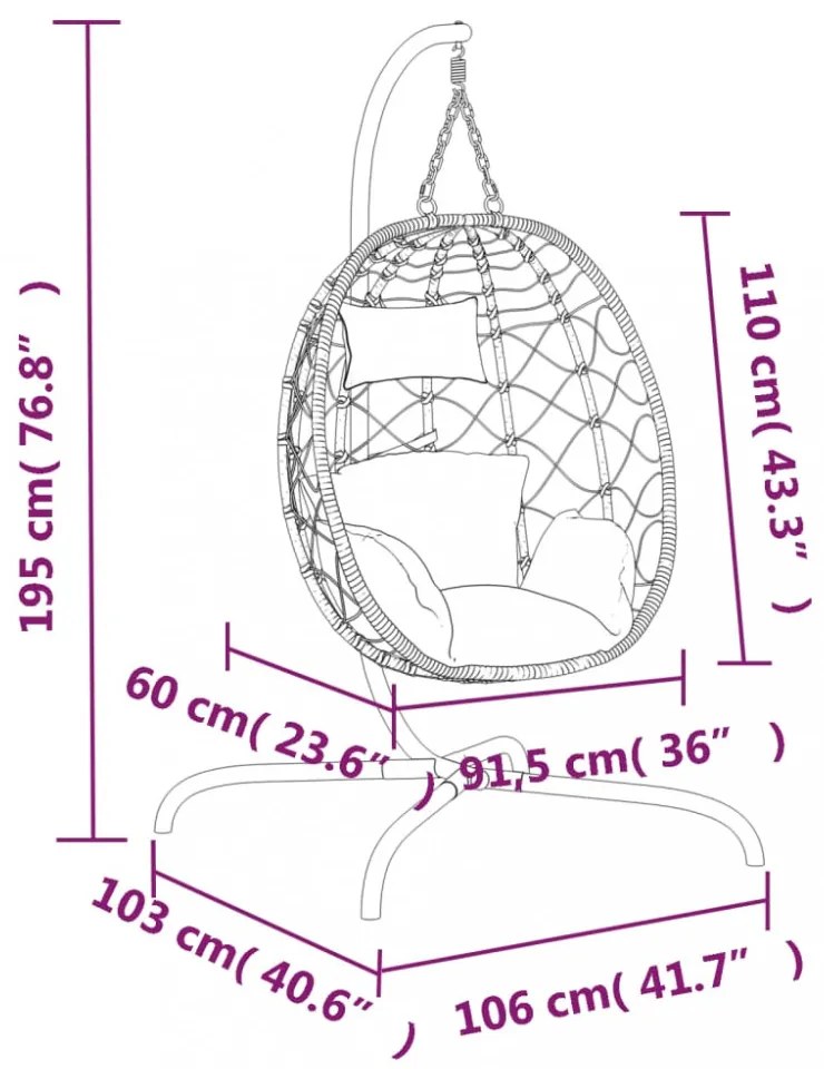 antracitszürke polyrattan és acél függő kagylószék párnával