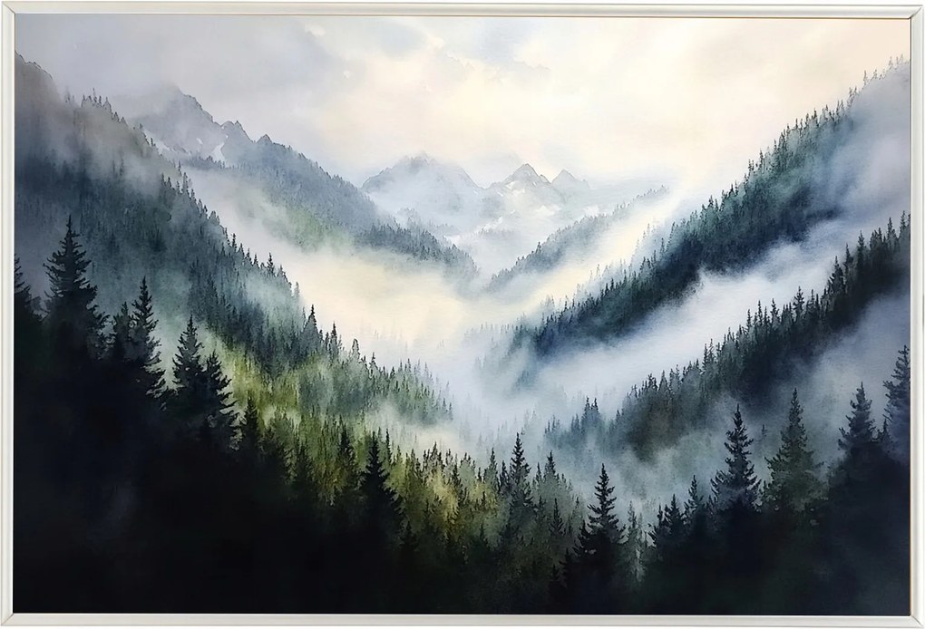Poszter Keret Alumínium Tájkép Akvarell Hegyek Csúcsok Erdő Fák Köd 60x40