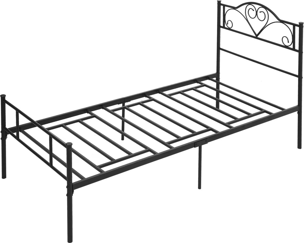 HOMCOM Egyszemélyes Ágykeret Acélból 95x211x106cm, Beépített Rácsokkal, Fejtámlával és Lábvéggel, Ágy alatti Tárolóval, Fekete | Aosom