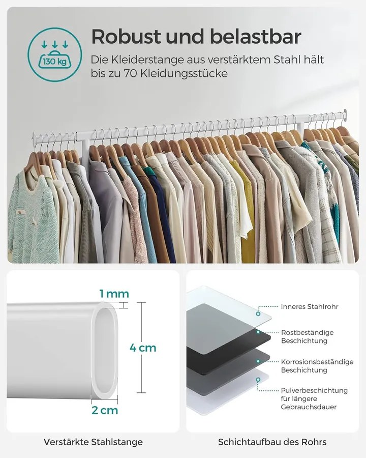 SONGMICS gurulós ruhatartó állvány, kihúzható ruharúd, max. 130 kg terhelhetőség, matt fehér