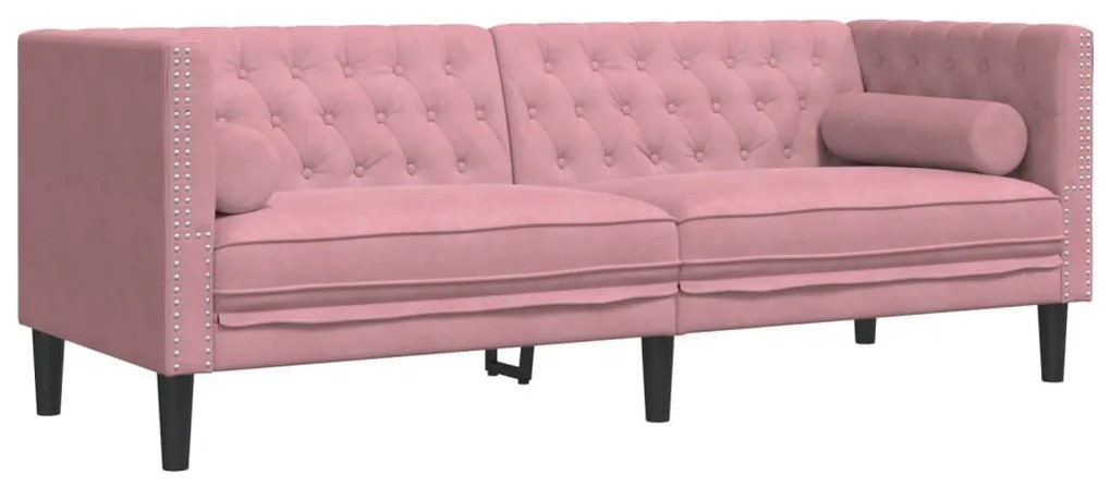 3 személyes rózsaszín bársony Chesterfield kanapé párnákkal