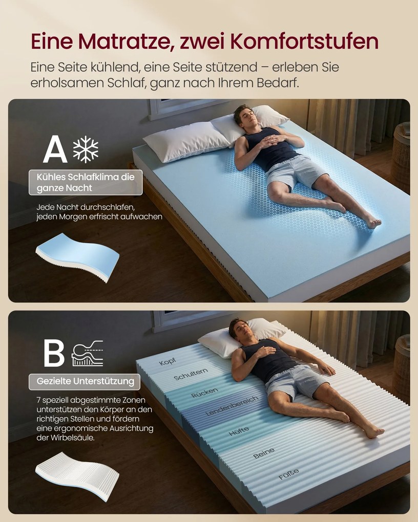 VASAGLE 7-zónás géles memory foam matrac, 140 x 200 x 16 cm, H3