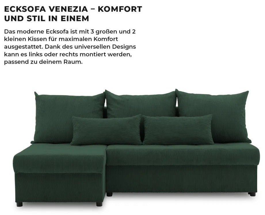 Venezia sarokkanapé, kordbársony, univerzális oldal, bonell töltet, zöld