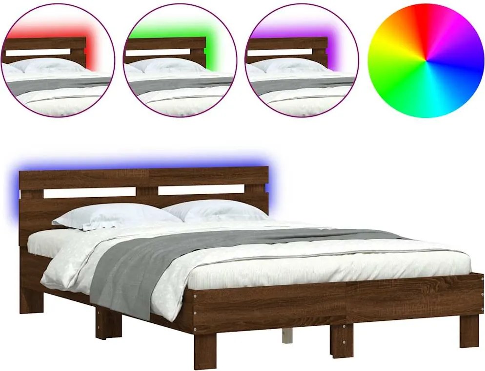 vidaXL barna tölgy színű ágykeret fejtámlával és LED-del 120x190 cm