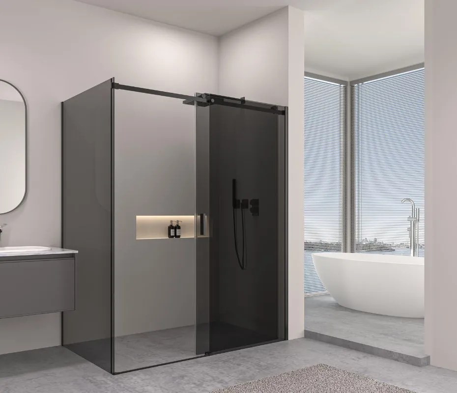 Erga Lynn, tolóajtós zuhanykabin 140 (ajtó) x 120 (fal) x 195 cm, 8mm szürke üveg, fekete profil, ERG-V02-LYNN-D140G120-GR-BK