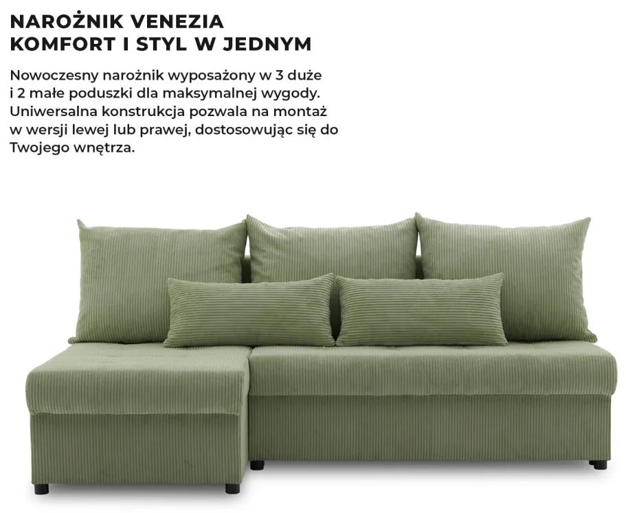 Venezia sarokkanapé, kordbársony, univerzális oldal, bonell töltet, zöld