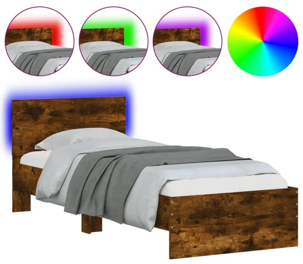 füstös tölgy színű ágykeret fejtámlával és LED-ekkel 75x190 cm