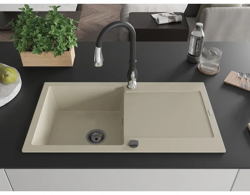 Mexen Leo, 1 kamrás gránit mosogató 900x500x190 mm és Savita mosogató csaptelep, bézs, 6501-69-672601-70