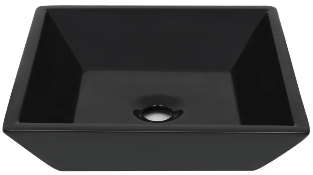 Négyzet alakú, fekete kerámia mosdó 41,5 x 41,5 x 12 cm