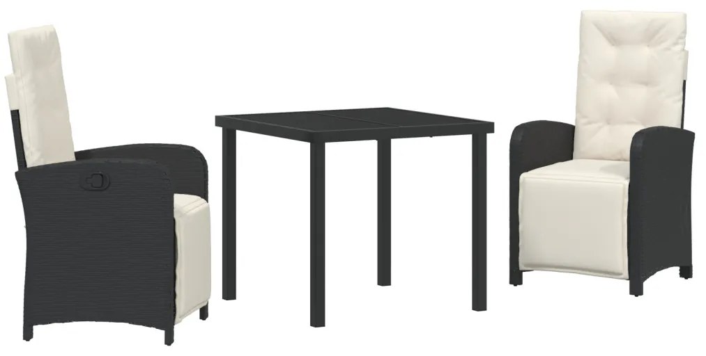 3 darabos kerti étkezősor párnákkal fekete poli rattan, kerti asztal fekete 80x80x73 cm edzett üveggel