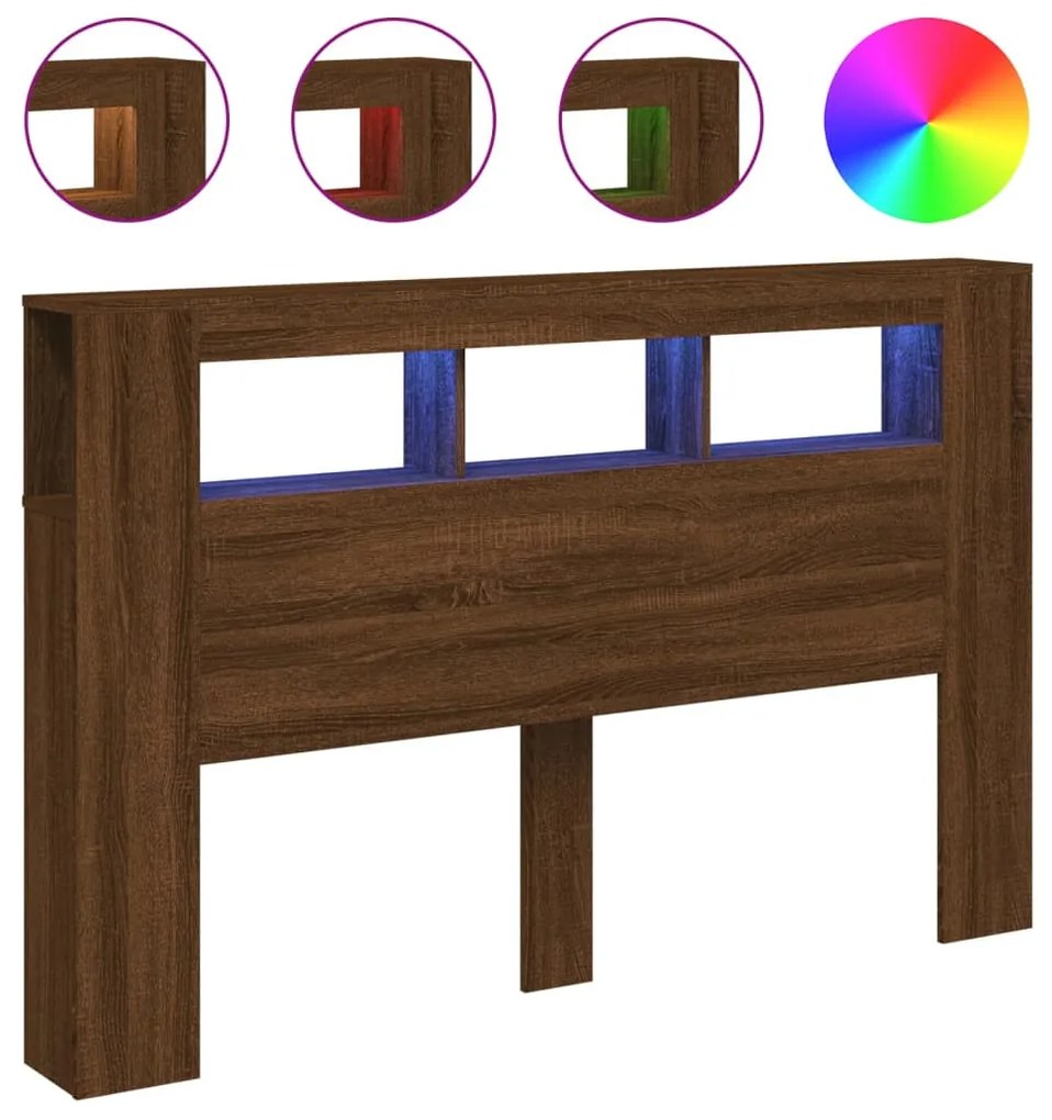 barna tölgyszínű szerelt fa LED-es fejtámla 160x18,5x103,5 cm