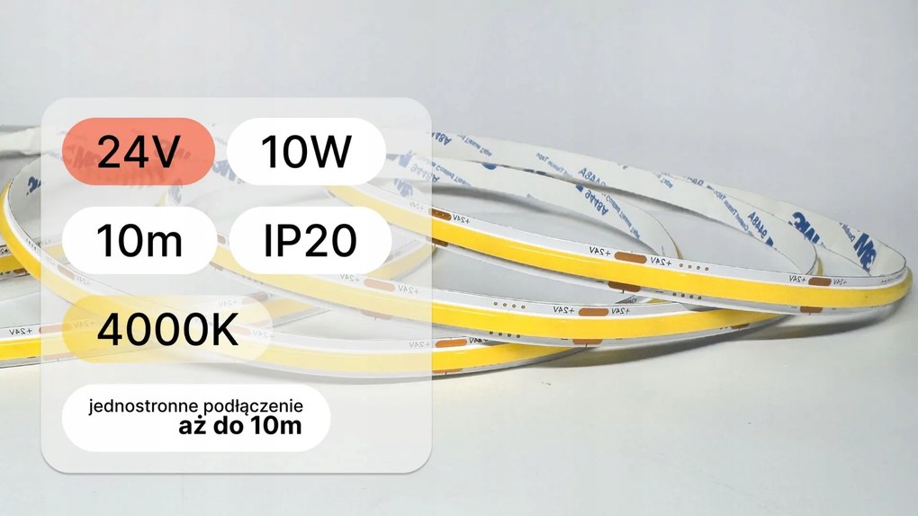 Cob Led szalag 24V 10 méter 10W/m 480LED/m semleges 4000K Cri >90