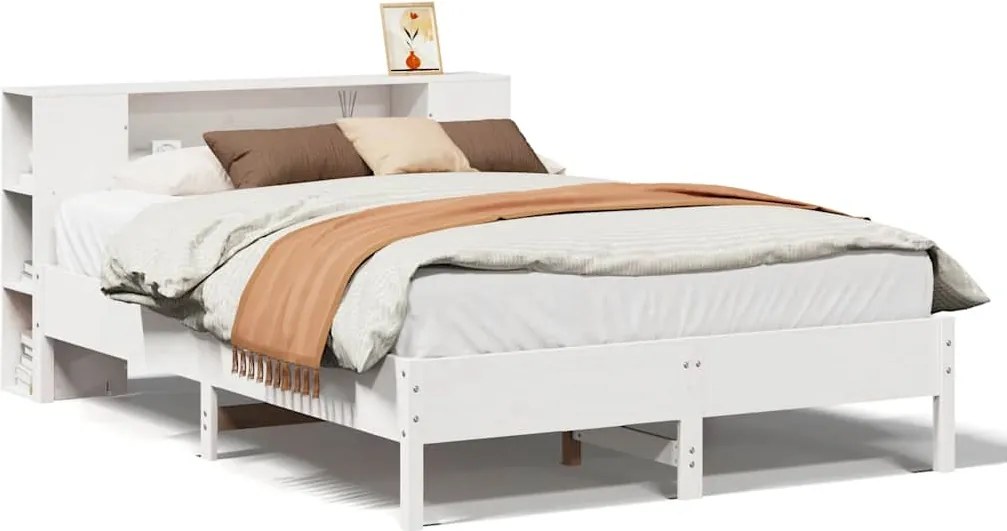 vidaXL fehér tömör fenyőfa könyvespolcos ágy matrac nélkül 140x200 cm