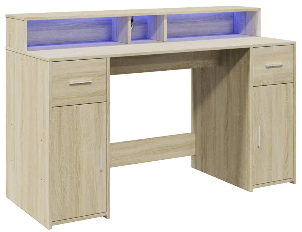 sonoma tölgy színű szerelt fa íróasztal LED-ekkel 140x55x91 cm