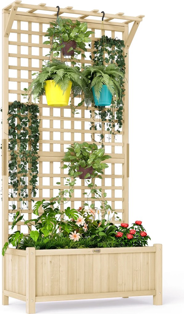 Outsunny emelt virágláda léckerettel és tetővel, fa kerti láda kúszónövényeknek, 90 x 45 x 183 cm | Aosom