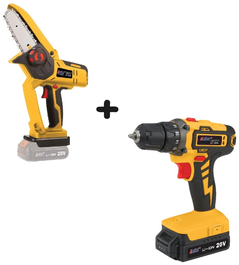 ASIST AKU láncfűrész AE4P20A készlet + fúrógép akkumulátorral és töltővel AE2V20-151 AKU GANG