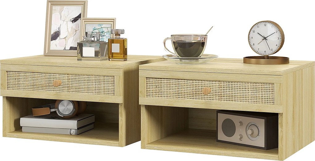 HOMCOM 2 db Függő Ágymelletti Asztal - Nyitott Tárolóval és Rattan Elülső Fiókkal 40x34x23 cm