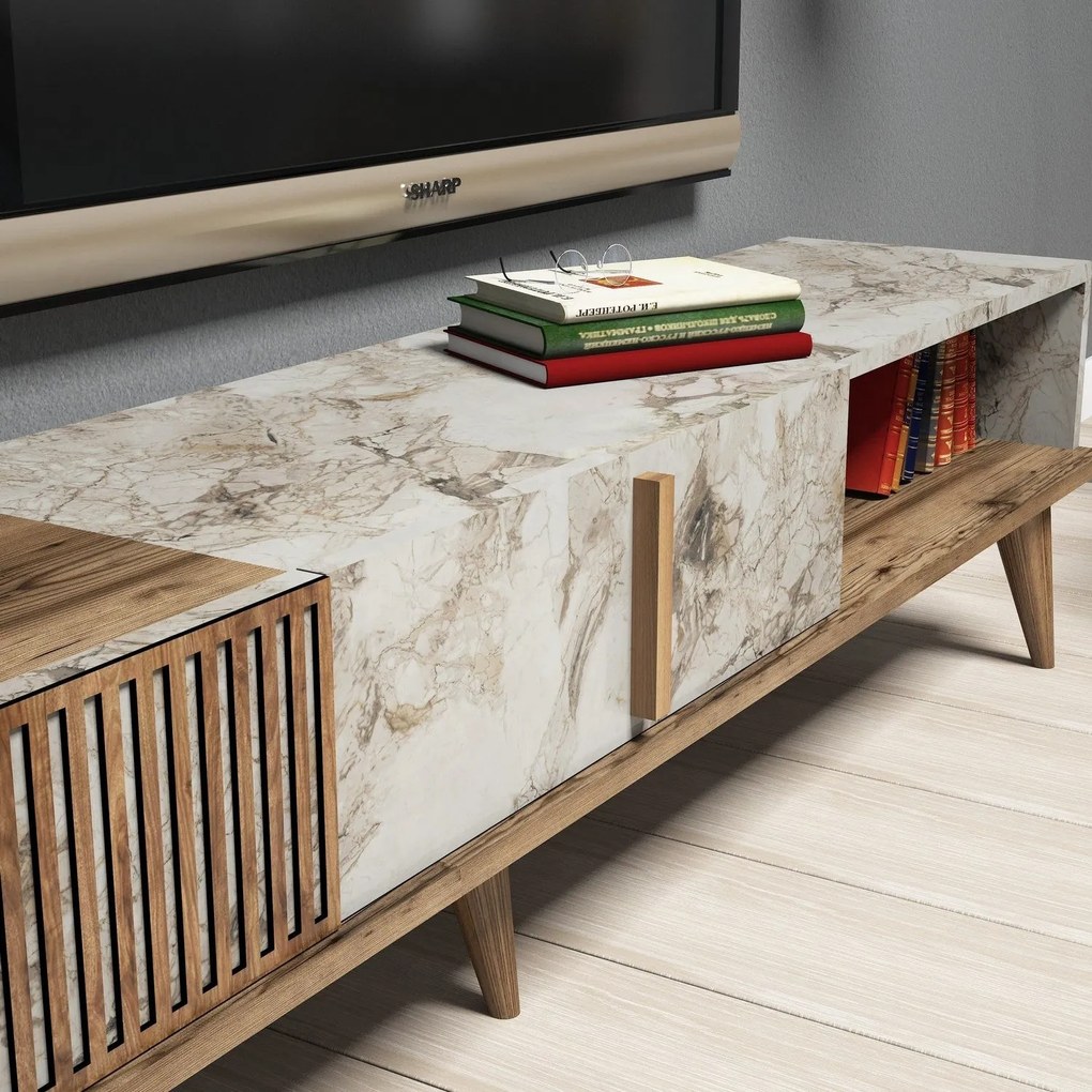 TV szekrény Milan - Walnut, White Marble