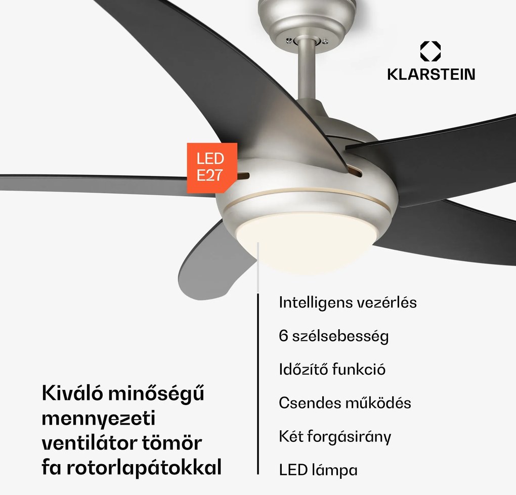 Klarstein Bolero 2 az 1-ben Smart, mennyezeti ventilátor, Ø 132 cm, fény 55 W, távirányító, vezérlés applikáción keresztül, 2 menetirány