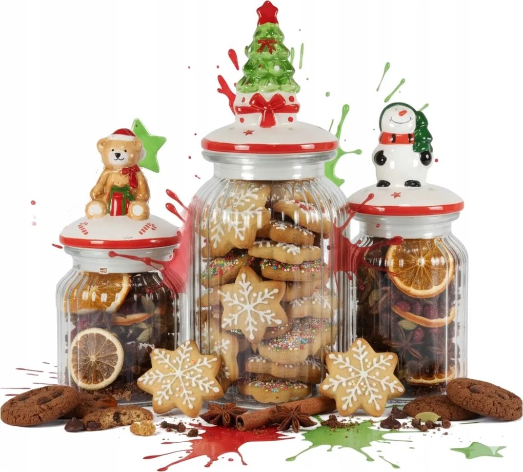3x Karácsonyi Üveg Tégelyek Kekszek Mézeskalácsok Cukorka Szett