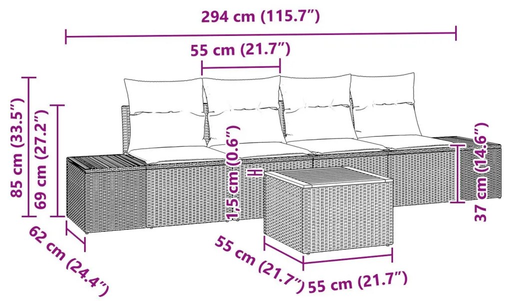 5 darabos kerti kanapé készlet párnákkal Bézs Poli Rattan Akác