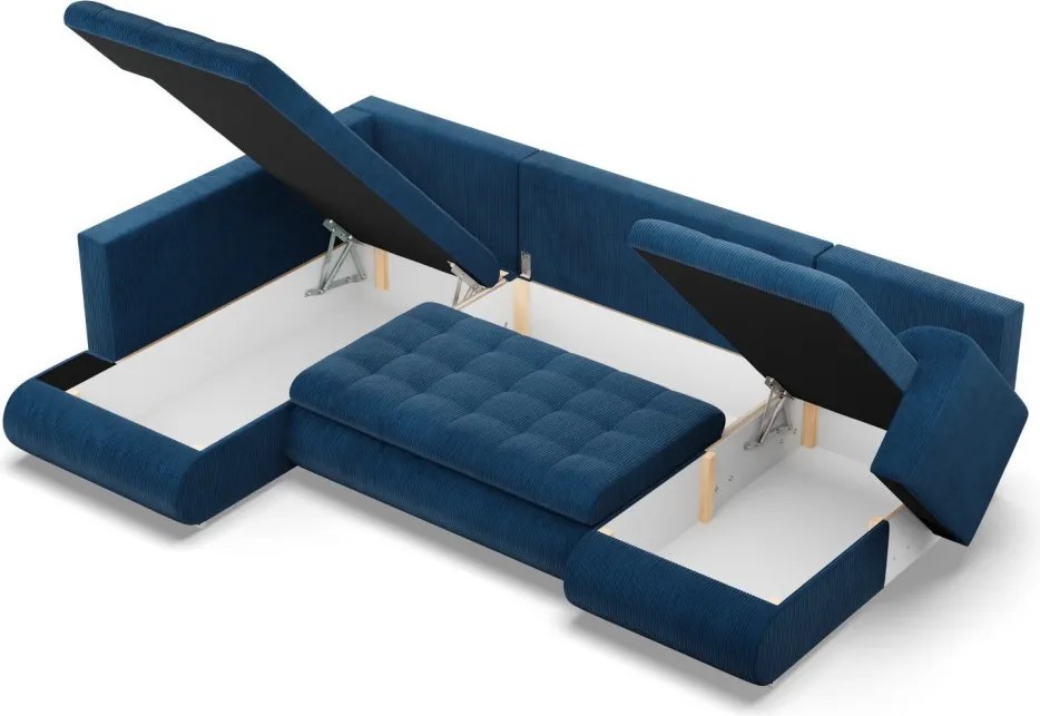 Tokio U sarokkanapé, 3 ágyneműtartóval, kordbársony, baloldali, kék