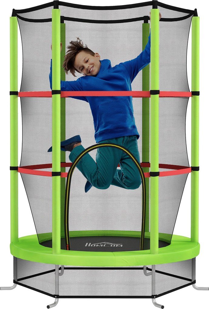 HOMCOM Gyerek Trambulin Ø140x190 cm 3-6 éveseknek Biztonsági Hálóval 45 kg Terhelhetőségű Belső Zöld | Aosom