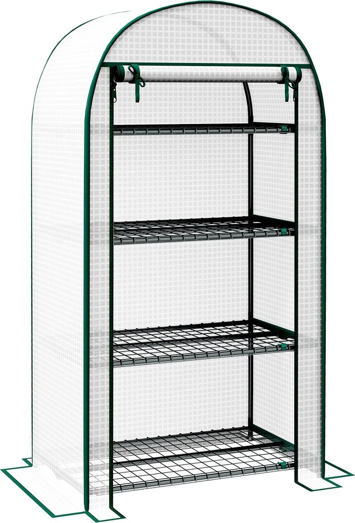 Outsunny 4-Tiers PE Kertiház Polcokkal, Erkélyház, Megerősített 130 g/m² Vászon, Acél Váz, Felhúzható Cipzáras Ajtó, Zöldségek, Növények és Virágok Sz
