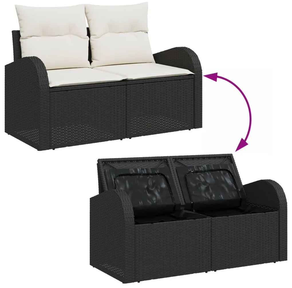 11 darabos kanapé szett párnákkal Fekete Poli rattan Akácia, 2-személyes kert kanapé tárolóval és párnákkal Fekete Poli rattan, 3 darabos étkező szett párnákkal Fekete Poli rattan Akácia