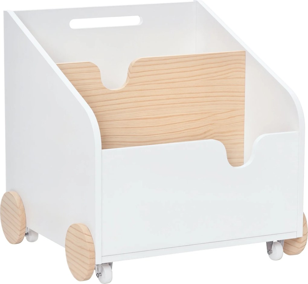 HOMCOM Fa Játék Tároló Doboz 2 Részes, Kerekekkel, Lapos Fogantyúval, Gyermek Könyvespolc Kerekekkel Gyerekszobába 40x43x43 cm Fehér és Természetes |