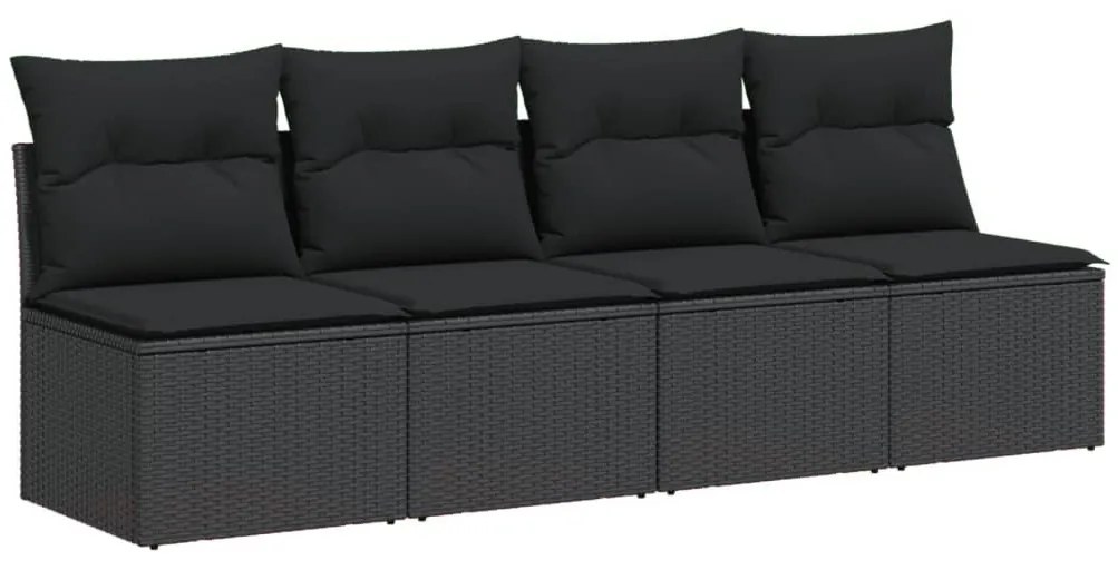4 személyes fekete polyrattan kerti kanapé párnával