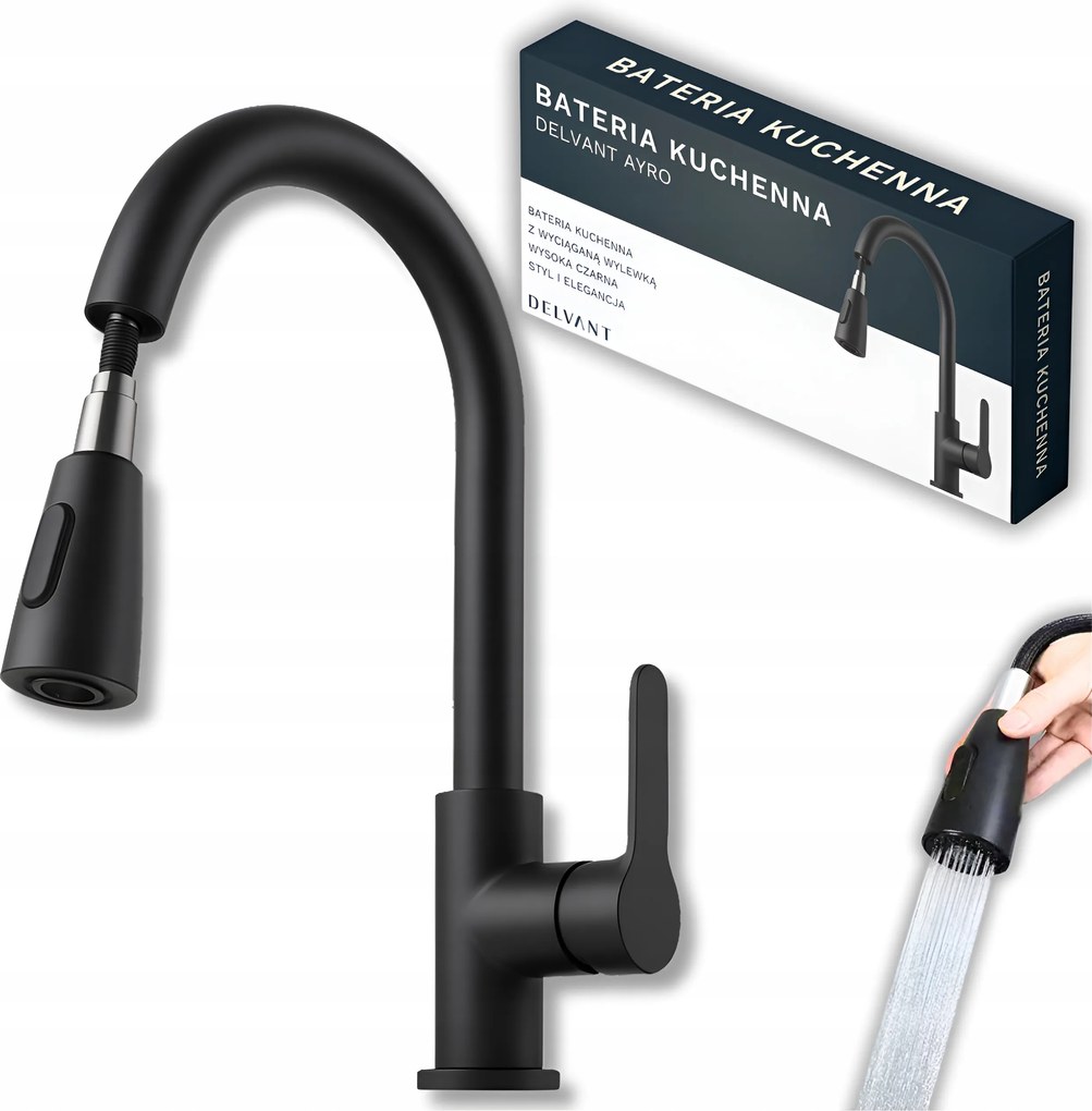 Konyhai Csaptelep Kihúzható Mosogató Kifolyócsővel Delvant Ayro Fekete