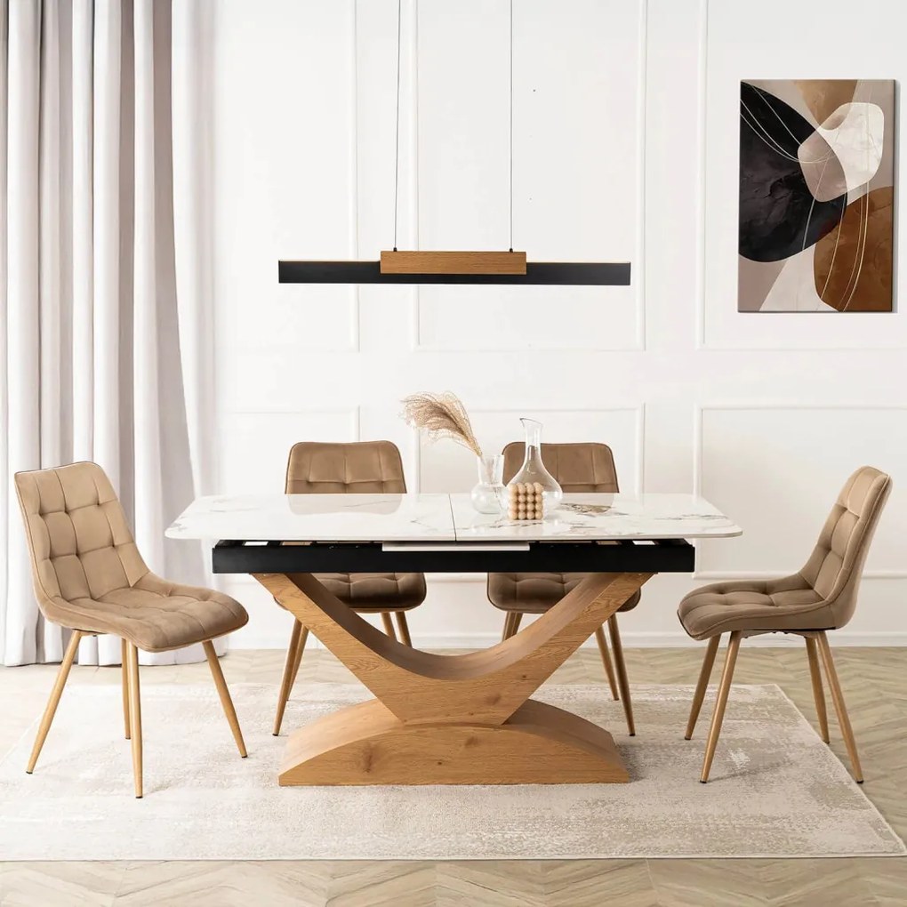 Alicante kerámia kihúzható asztal 160–200 cm, fehér márvány/tölgy színben