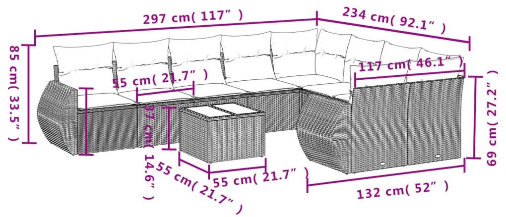 10 részes barna polyrattan kerti ülőgarnitúra párnákkal