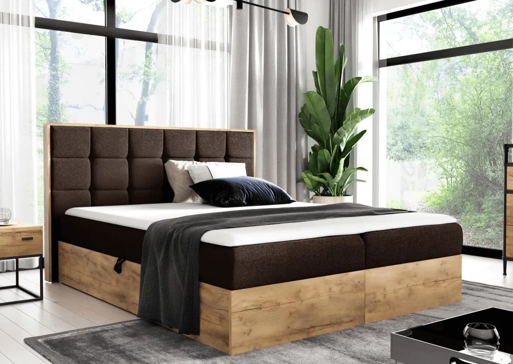 Boxspring ágy, 160x200, barna Paros szövet/lancelot tölgy, WOOD 1