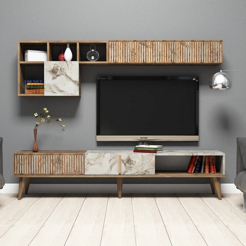 TV szekrény Milan - Walnut, White Marble