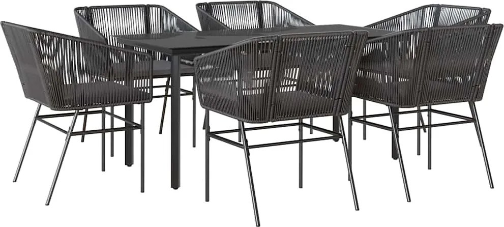 vidaXL 7 részes fekete polyrattan üveg kerti étkezőgarnitúra párnákkal