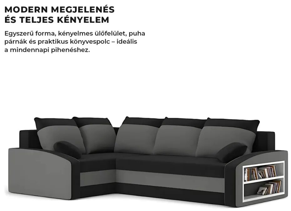 Grande sarokkanapé polcokkal , polc a jobb karfaban, baloldali, szövet anyag, bonell töltet, fekete - szürke