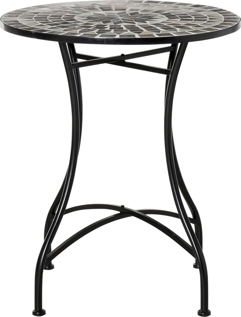 Outsunny Kis Fém és Kerámia Kerti Asztal, Mozaik Kültéri Asztal Teraszra vagy Erkélyre, 60x71cm, Szürke Fekete | Aosom
