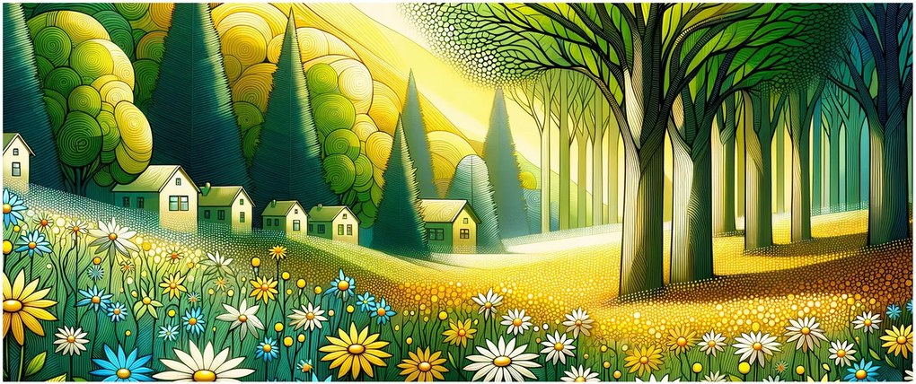 Kép - Falu sárga-zöld színekben (120x50 cm)