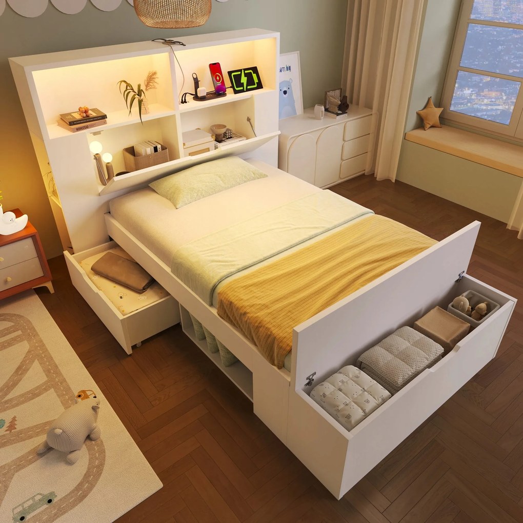 Egyszemélyes ágy Usb Led gyerekágy 90x200cm Fiókok Lábtartók Fehér